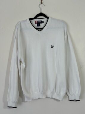 Ralph Lauren White Classic Nautical Cotton Lg  V-Neck Sweater with Navy Trim